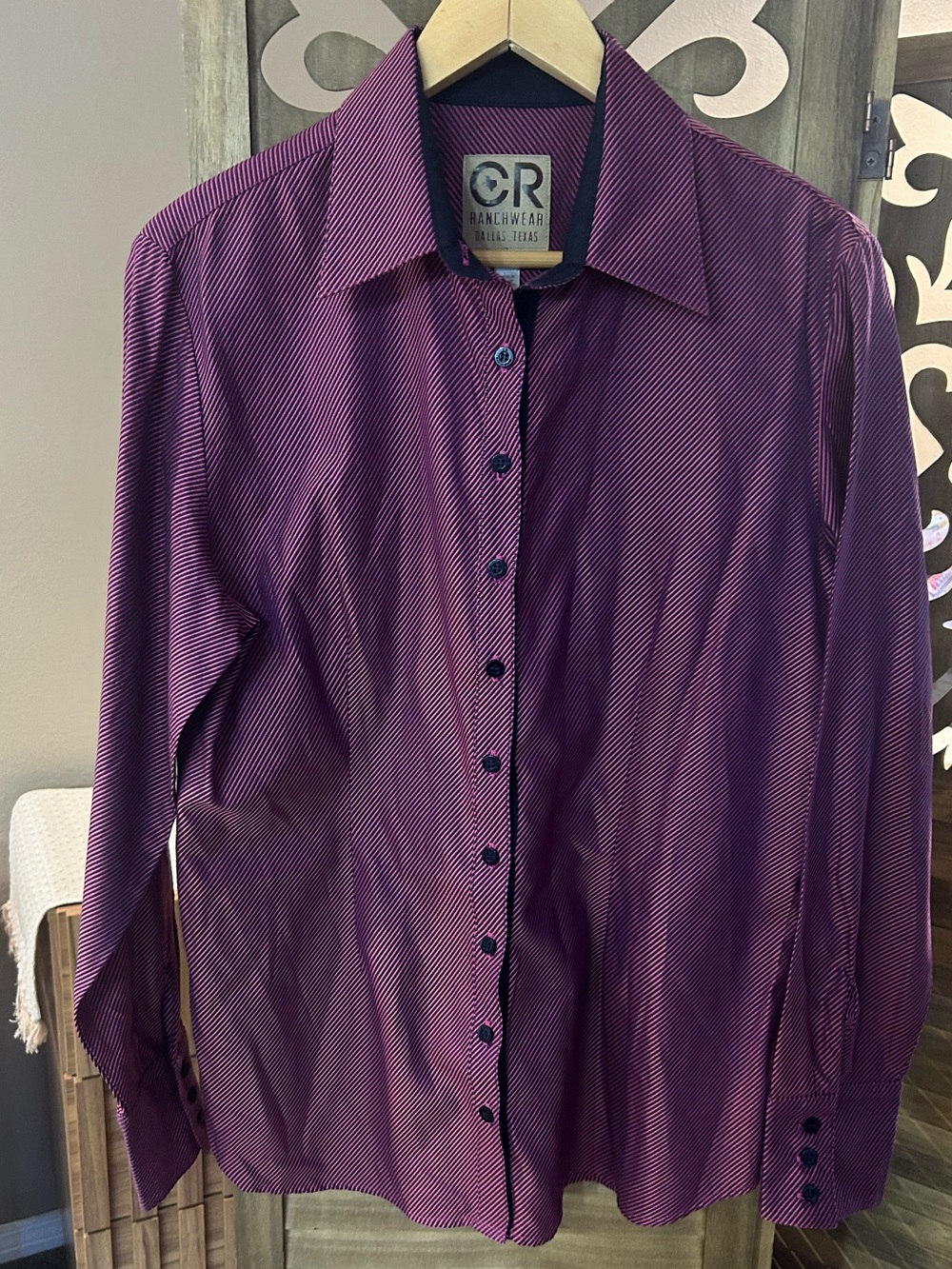 CR Ranchwear Magenta/Navy Diaganol Stripes Long Sleeve Button Down Shirt Sz L